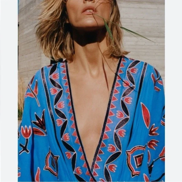 Zara Blue Floral Embroidered Kimono Kaftan - Picture 3 of 9